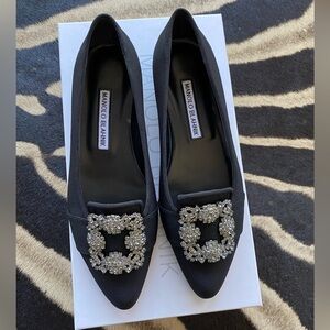 Manolo Blahnik Marria Black Crepe de Chine Embellished Flat Shoes
